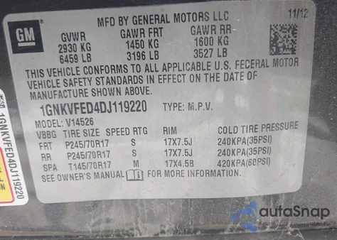 2013 Chevrolet Traverse Ls from USA, damaged, VIN 1GNKVFED4DJ119220